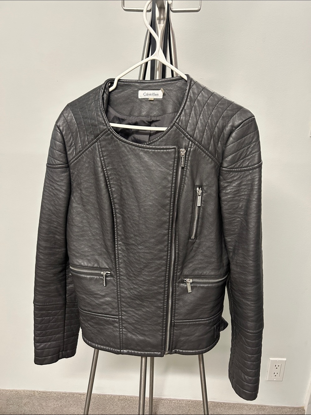 Calvin Klein Quilted Black Asymmetrical Leather Moto Jacket